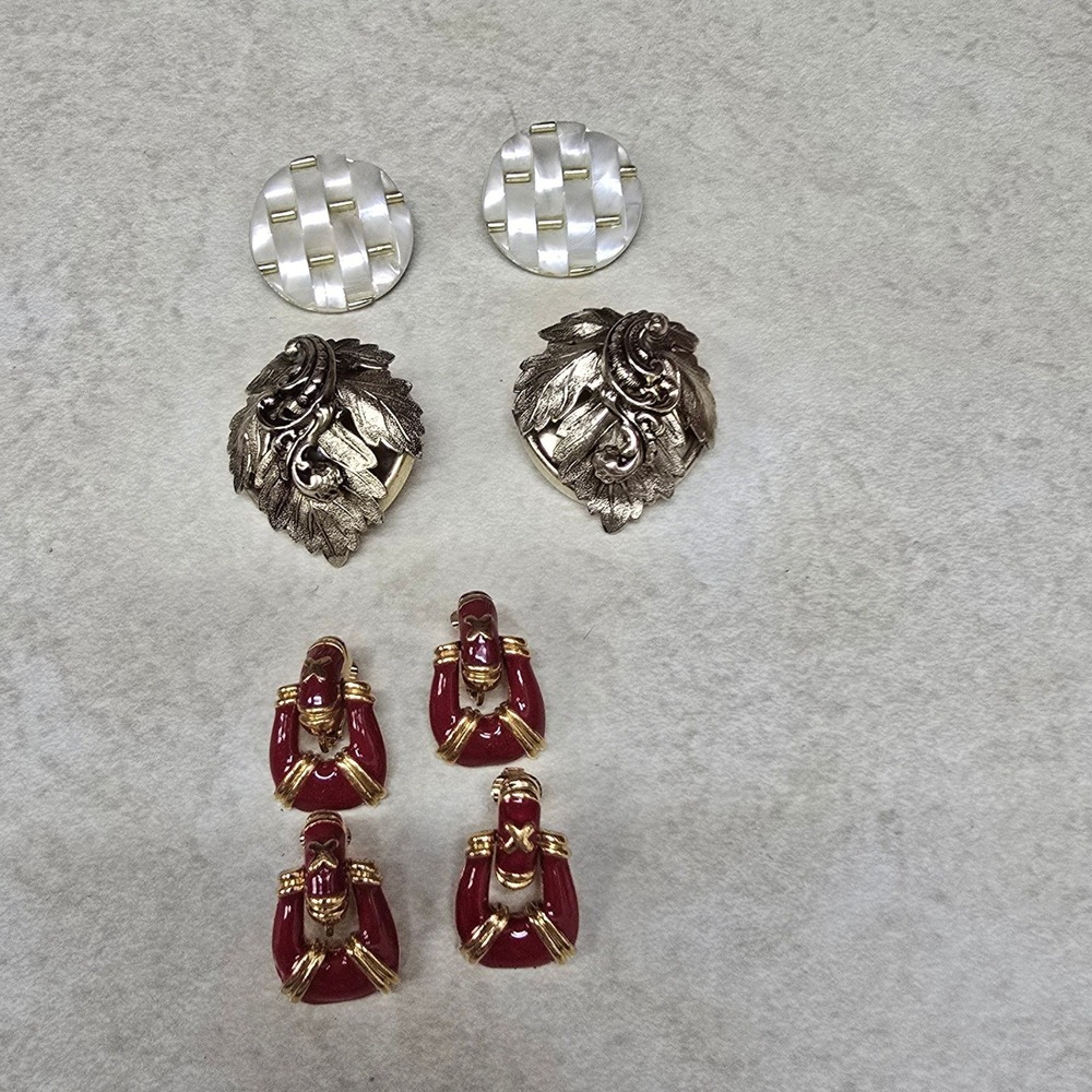 Vintage Clip On Earring Lot 3 Pairs Mother of Pearl Gold Tone Leaf Red Enamel